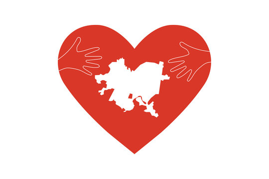 Pittsburgh map with heart and helping hands vector Illustration. Great as donate, relief or help victims icon. Support for volunteer charity work after Squirrel Hill synagogue mass shooting