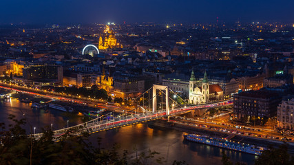 Fototapeta na wymiar Panoramic night view of budapest with the Elizabeth Bridge, Hungary