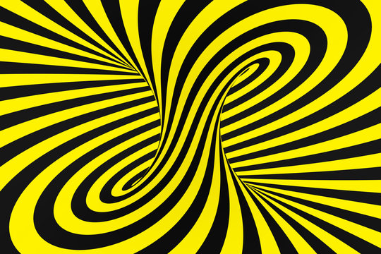 Black and yellow spiral tunnel from police ribbons. Striped twisted hypnotic optical illusion. Warning safety background. © gurzart