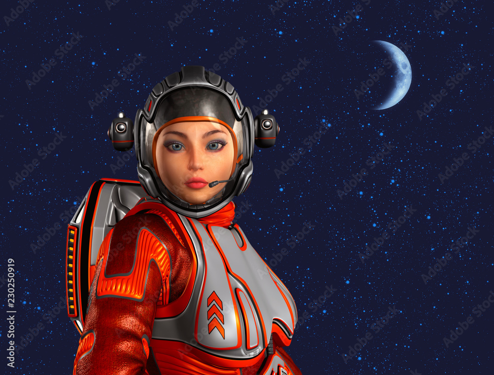 Sticker astronaut woman in front of space background with stars and moon. 3d rendering.