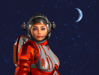 Astronaut woman in front of space background with stars and moon. 3D rendering.