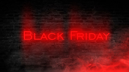 Black Friday sale, banner, poster. Dark background of old brick wall, red neon, smoke.