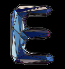 Capital latin letter E in low poly style blue color isolated on black background