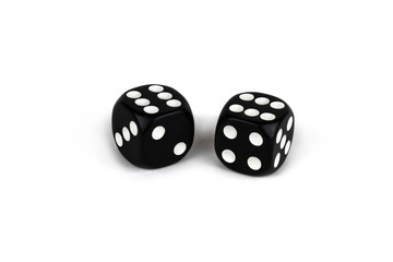 Two black dice isolated on a white background. Six and six.