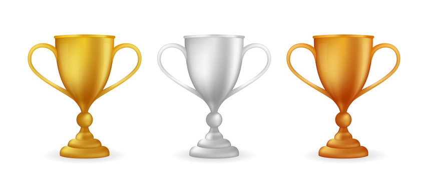 Realistic award winner cups. Golden, silver and bronze trophy set. Vector illustration.