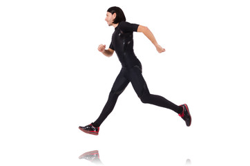 Young man doing exercises isolated on white