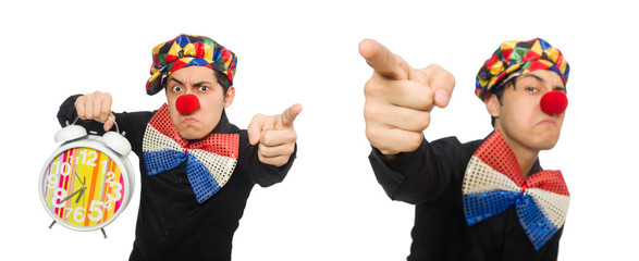 Funny clown with clock isolated on white