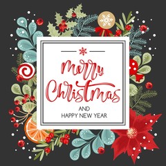 Merry Christmas card calligraphy with hand-drawn decorative frame. Vector illustration in vintage style.