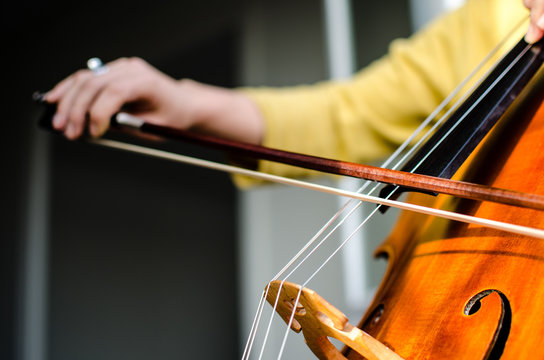 Female hand playing cello close-up