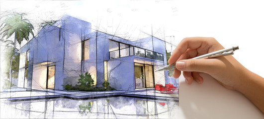 Hand drafting a luxurious house with pool