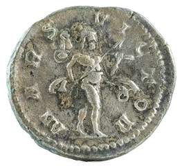 Ancient Roman silver denarius coin of Emperor Elagabalus. Reverse.