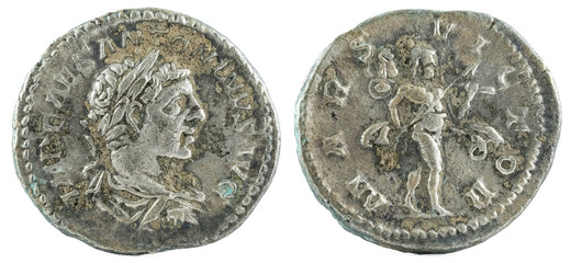 Ancient Roman silver denarius coin of Emperor Elagabalus.