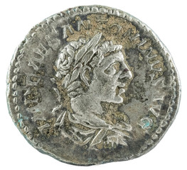 Ancient Roman silver denarius coin of Emperor Elagabalus. Obverse.