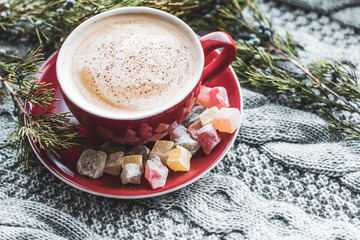 Winter christmas composition. little pretty things, inspiration for all. Hello December, January, February. Concept of coziness. Simple and nice idea for home 
