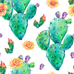 Cotton fabric Exotic natural vintage watercolor blooming cactus seamless patte
