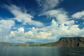 Panorama of the coast near the village of Morskoe, Crimea, Russia. View from the sea. July 2018 © Evg Y. Parkhaev
