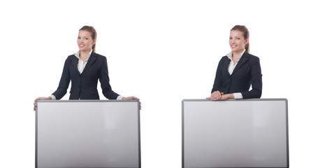 Woman businesswoman with blank board on white