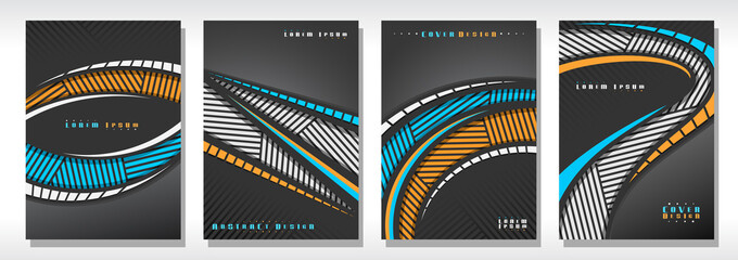 Vector set of book Covers, 4 grey unusual layouts of simple brochure with copy space for advertising text, mockups with dark backdrop for promotion,  A4 format, leaflets with striped curved ribbons.