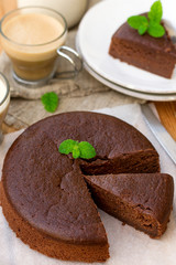 Homemade chocolate fondant cake with mellow filling for coffee