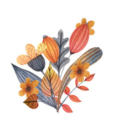Watercolor orange and grey bouquet with flowers, leaves and branches. Hand drawn illustration.
