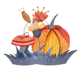 Watercolor autumn orange and grey bouquet with flowers, leaves, grass, mushroom and pumpkin.  Halloween. Hand drawn illustration.