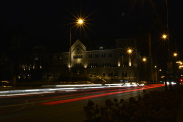 View of Imperial Castle facade in Poznan (Poland) at evening with beautiful dark blue sky background