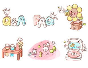 Variation of colorful objects displayed in a row against white background