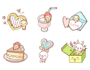 Variation of colorful objects displayed in a row against white background