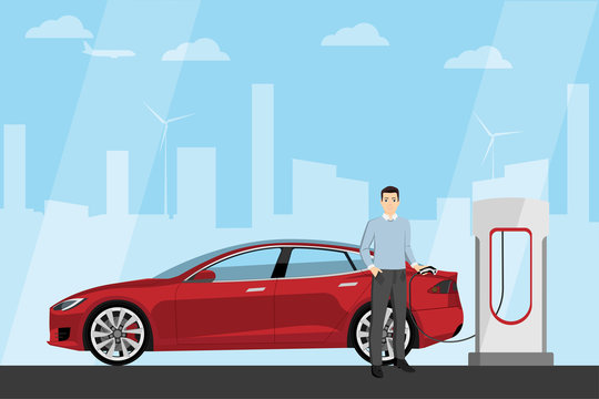 Man charges an electric car at a charging station. Vector illustration