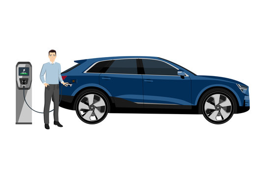 Man charges an electric SUV at a charging station. Vector illustration