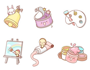 Variation of colorful objects displayed in a row against white background