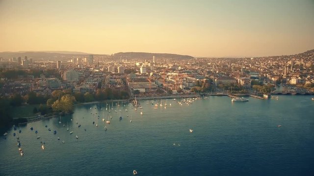 Aerial view of Zurichsee waterfront and the city of Zurich, Switzerland