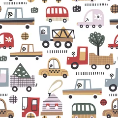 Keuken foto achterwand Auto Baby naadloos patroon met leuke auto. Perfect voor kinderstof, textiel, kinderkamerbehang. Vectorillustratie in Scandinavische stijl.