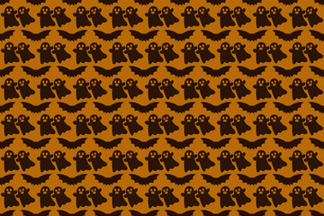 Flying dark brown silhouette of bats and ghosts as halloween seamless pattern wallpaper on orange background.