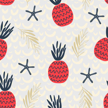 seamless vector pattern in nautical style in red blue color with pineapples and leaves