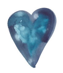 Simple abstract grey and blue heart painted in watercolor on clean white background