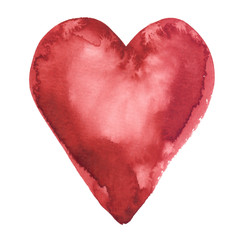 Simple abstract dark red heart painted in watercolor on clean white background