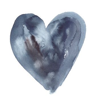 Simple abstract dark grey heart painted in watercolor on clean white background