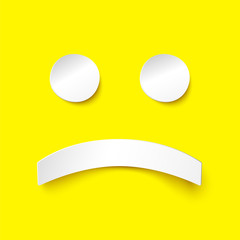 Sad white paper smiley on yellow background. Illustration in paper style with shadow. Depressive concept