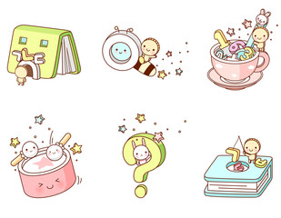 Variation of colorful objects displayed in a row against white background