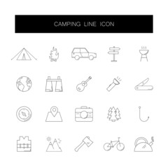 Line icons set. Camping pack. Vector illustration