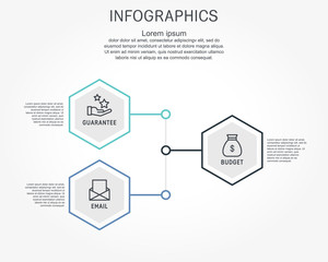 Flat line vector illustration. Infographic template with three elements, hexagons, text. Timeline step by step. Designed for business, presentations, web design, diagrams, training with 3 steps