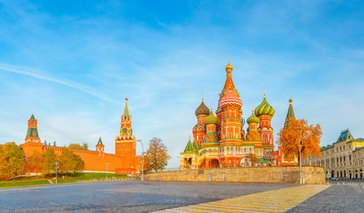 Beautiful view of the Red Square with Moscow Kremlin and St Basil's on a bright autumn morning, the...