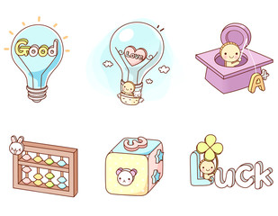 Variation of colorful objects displayed in a row against white background