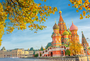 Beautiful panoramic view of St. Basil's Cathedral on the Red Square in Moscow on a sunny autumn...