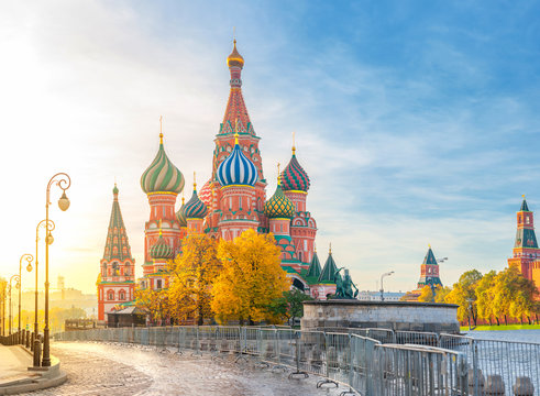 Beautiful view of St. Basil's Cathedral on the Red Square in Moscow on a bright autumn morning. The most beautiful sights of Russia.