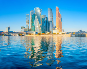 Fototapeta premium Panorama of the international business center. modern skyscrapers of downtown Moscow with reflections in the Moscow River. Russia