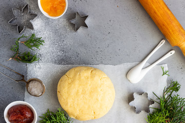 Baking background. Fresh ingredients for cookies with jam. View from above