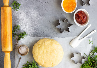 Baking background. Fresh ingredients for cookies with jam. View from above