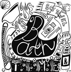 Abstract beautiful artistic graphic lovely cute bath time lettering with toothpaste, shampoo, bath, duck, washcloth, spray, splatter, toothbrush, fish, bubble, shell, sea horse doodles vector hand ill